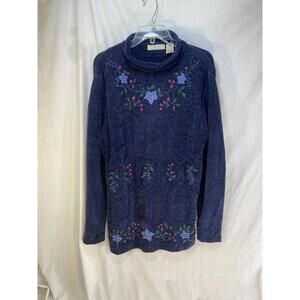 VTG Carolyn Taylor Blue Chenille L Floral Pullover Monk Neck Cottagecore Sweater